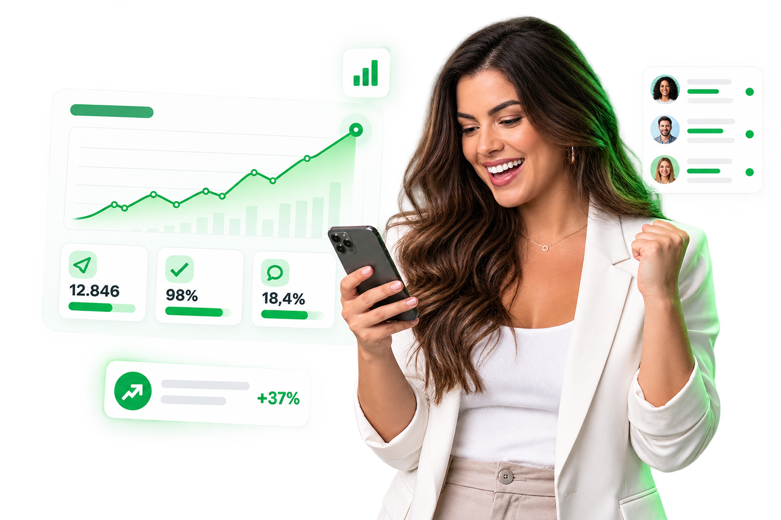 Empresária acompanhando resultados positivos de campanhas no ZapSimples